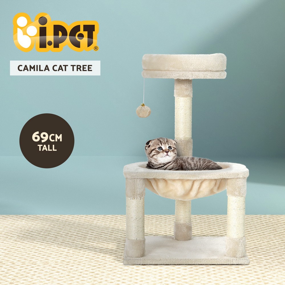 i.Pet Camila Cat Tree 69cm Three-level Sisal Scratching Post Beige Bed Hammock