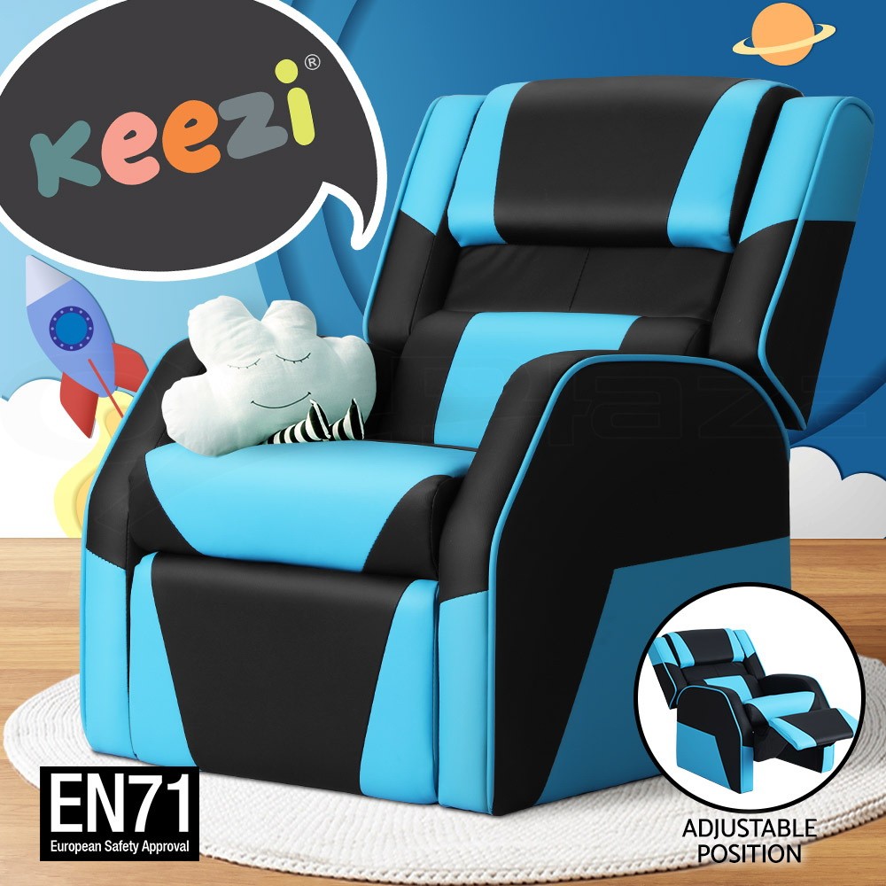 Keezi Kids Recliner Chair Manual Gaming Sofa Black Blue PU Leather Foam 60kg