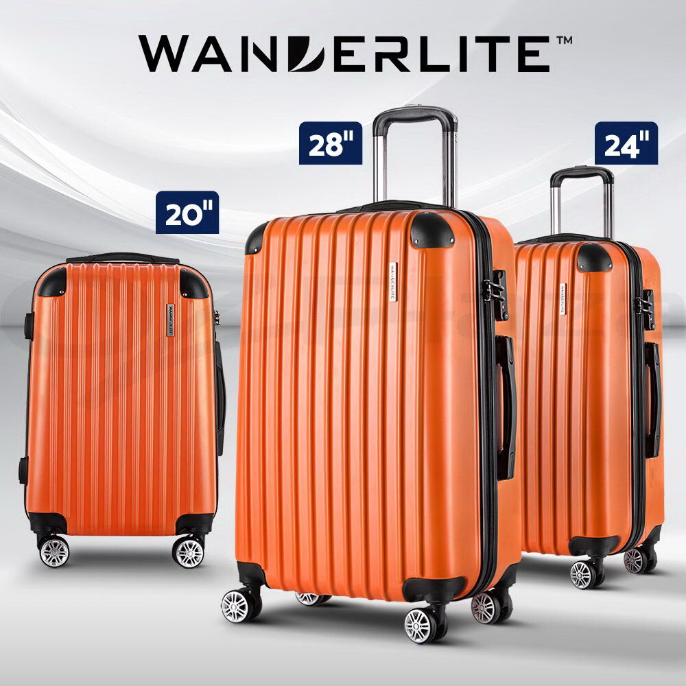 Wanderlite 3pc ABS Luggage Trolley 20 24 28 Suitcases Carry On TSA Lock Orange