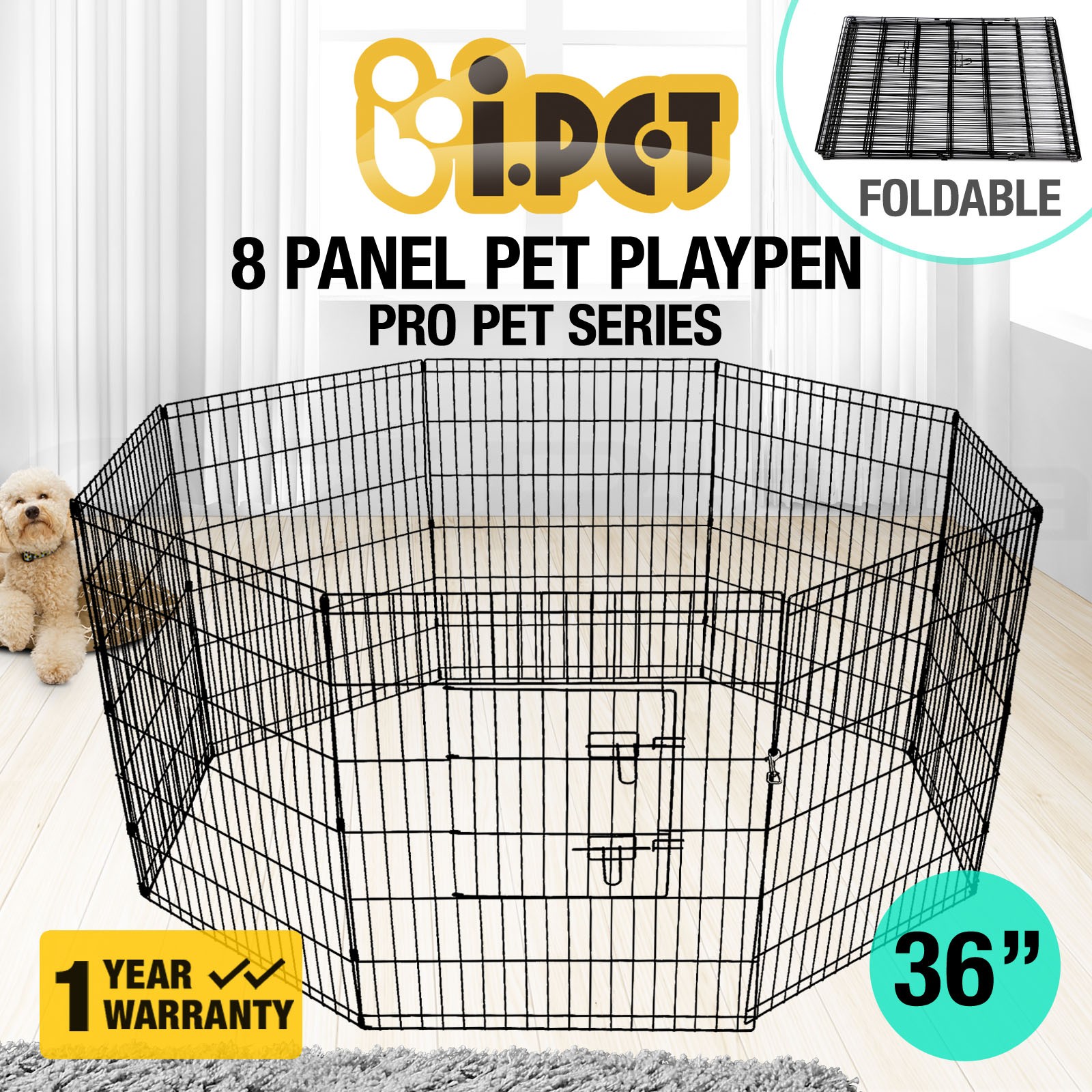 i.Pet 8 Panel Dog Playpen Puppy Fence Foldable Black 24 Extendable Steel Secure