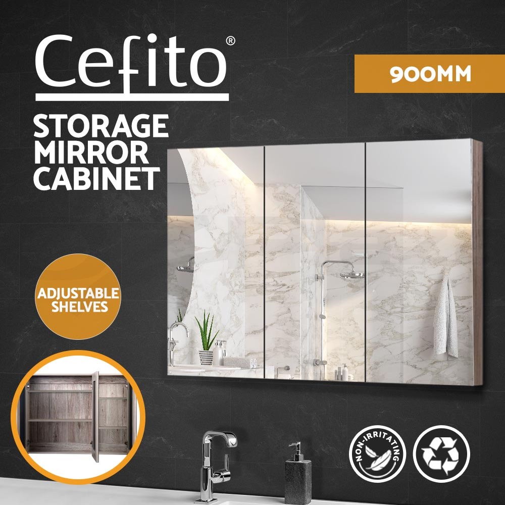 Cefito Bathroom Mirror Cabinet 900x720mm Natural MDF Wall Mounted Storage Modern