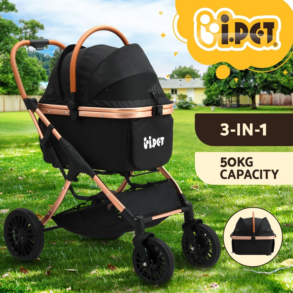 i.Pet Pet Stroller Pram Dog Cat Carrier Travel Foldable 3-in-1 50kg Black 92cm
