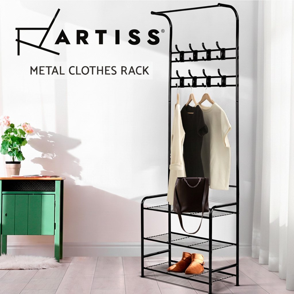 Artiss Metal Clothes Rack 179cm Black 3-Tier Shelves Hanger Rail eight Hooks