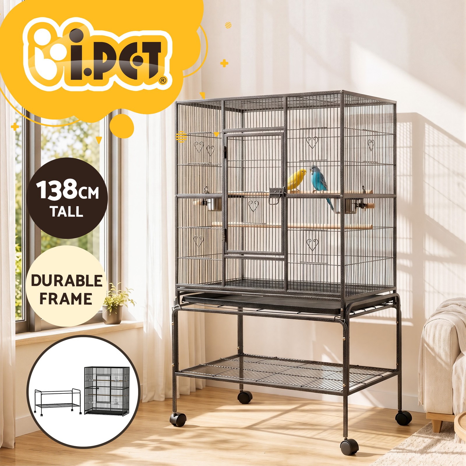 i.Pet Bird Cage Large Parrot Aviary Black Wrought Iron Wheels Stand 138.5cm