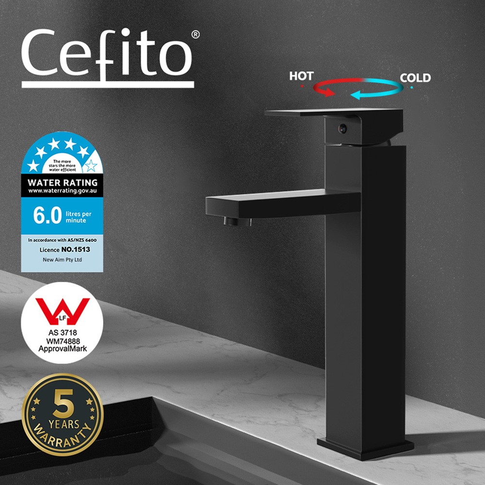Cefito Basin Mixer Tap Tall Black Stainless Steel WELS 5 Stars 6 L/min T38880