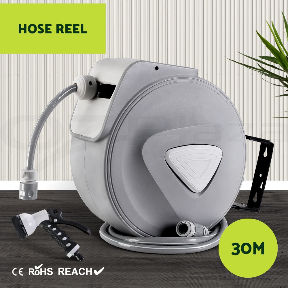 Green Fingers Retractable Hose Reel 30m Auto Rewind Wall Mounted Grey Spray Gun