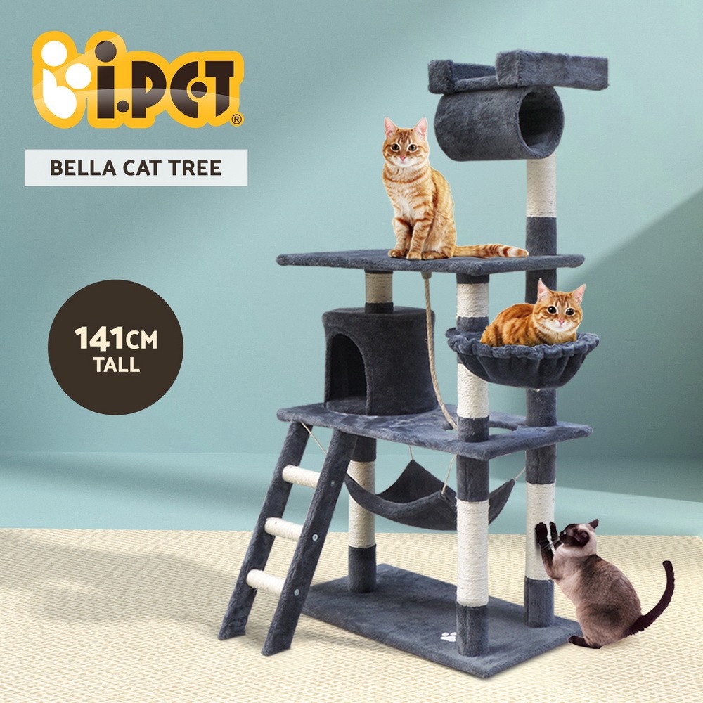 i.Pet Cat Tree Tower 141cm Scratching Post Condo Wood Grey Ultra-Plush Cover