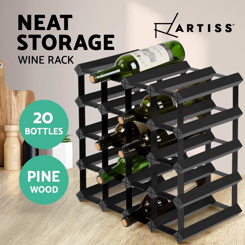 Artiss Wine Rack 20 Bottle Freestanding Timber Wood Black WINERACK20BBK 42cm