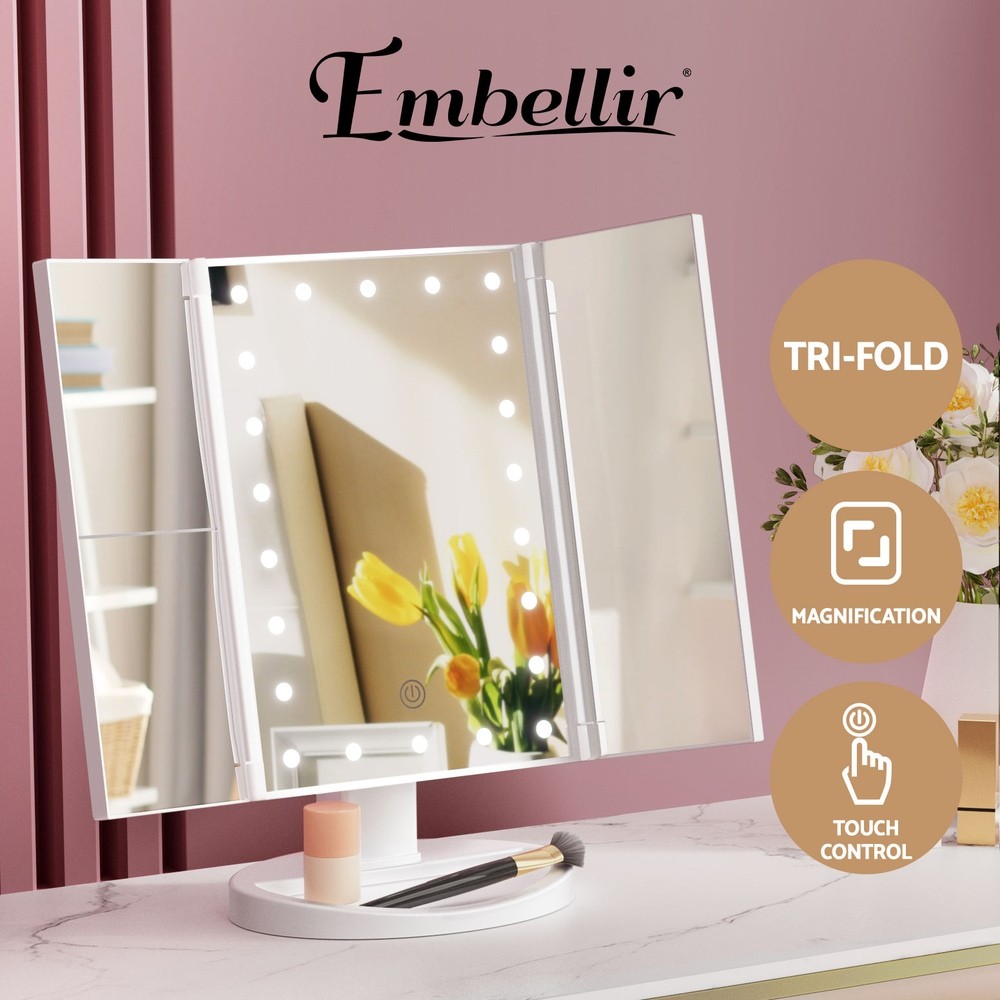Embellir LED Makeup Mirror Tri-fold 2X 3X Magnifying 22 Lights Touch USB White