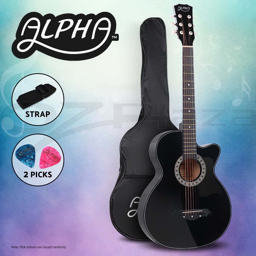 Alpha 38 Inch Full-Size Acoustic Guitar Cutaway Steel-Stringed Black Gig Bag