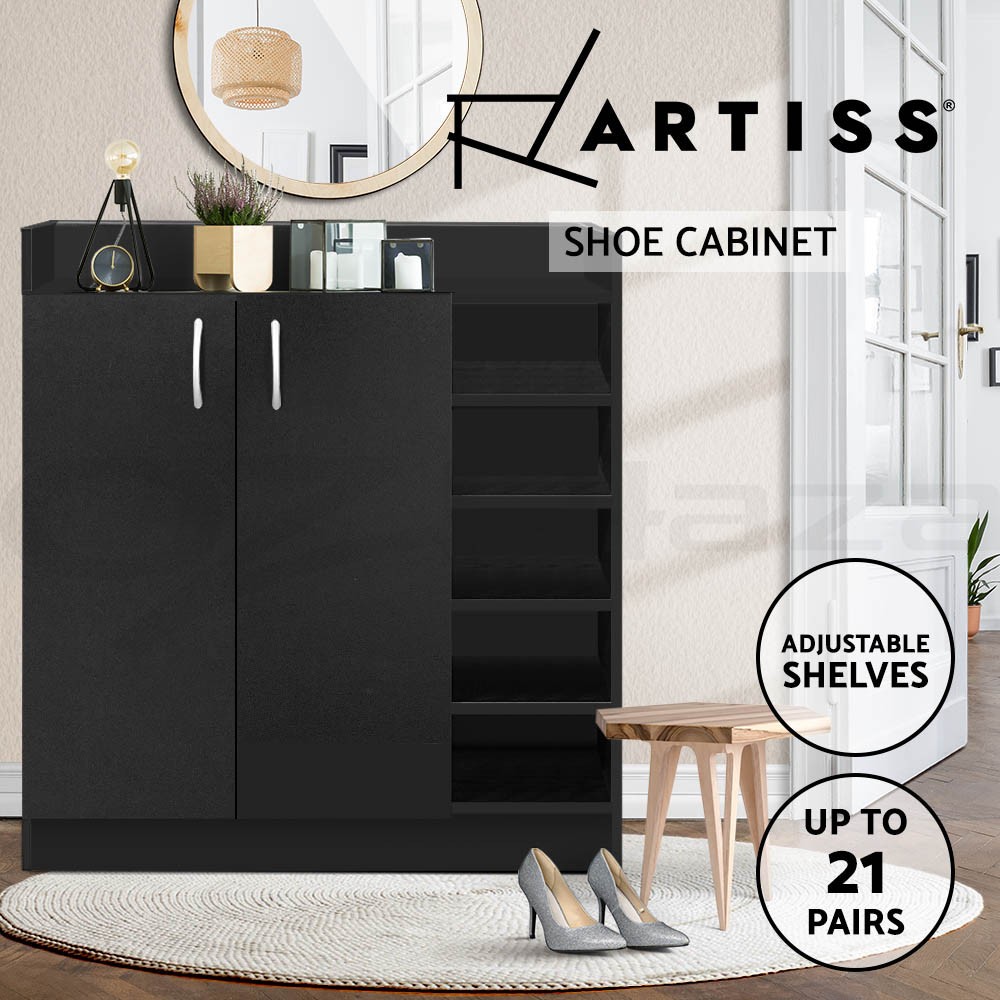 Artiss Shoe Cabinet 2 Doors Adjustable shelves Wood Storage Cupboard Black 80 cm