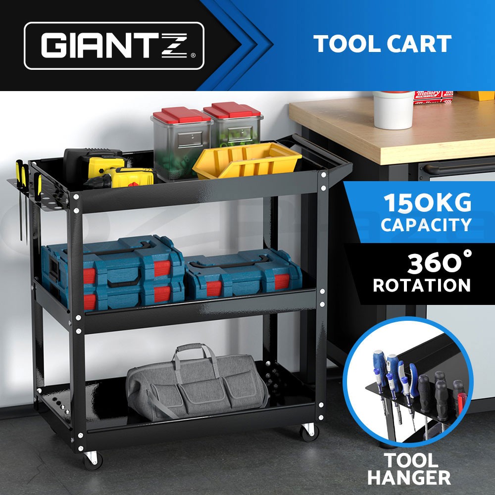 Giantz 3-Tier Trolley TB-CART-3L-BK Steel Workshop Garage Storage Black 150kg