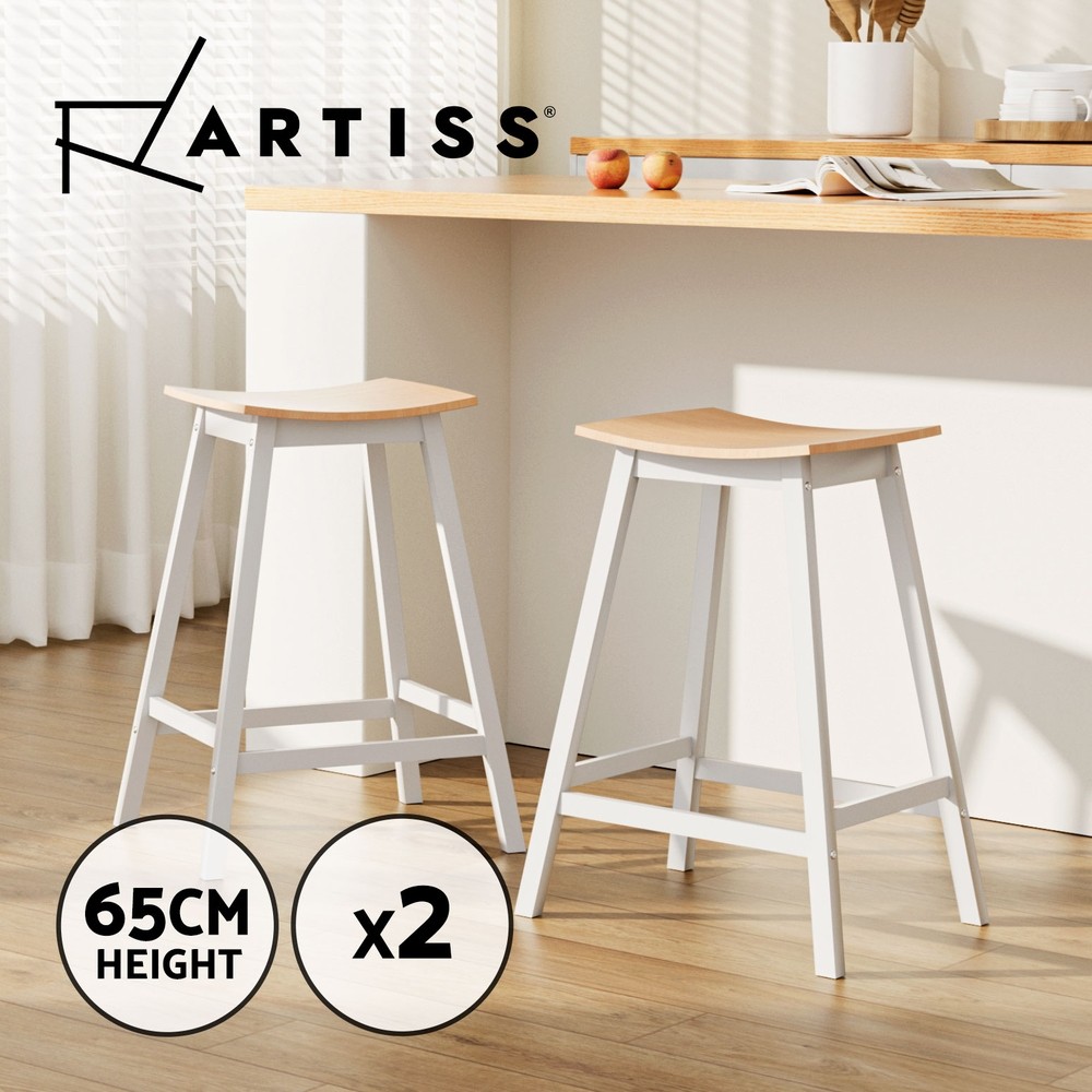 Artiss Ari 2x Bar Stools Pine & White Saddle Seat 64cm 150kg Kitchen Assembly