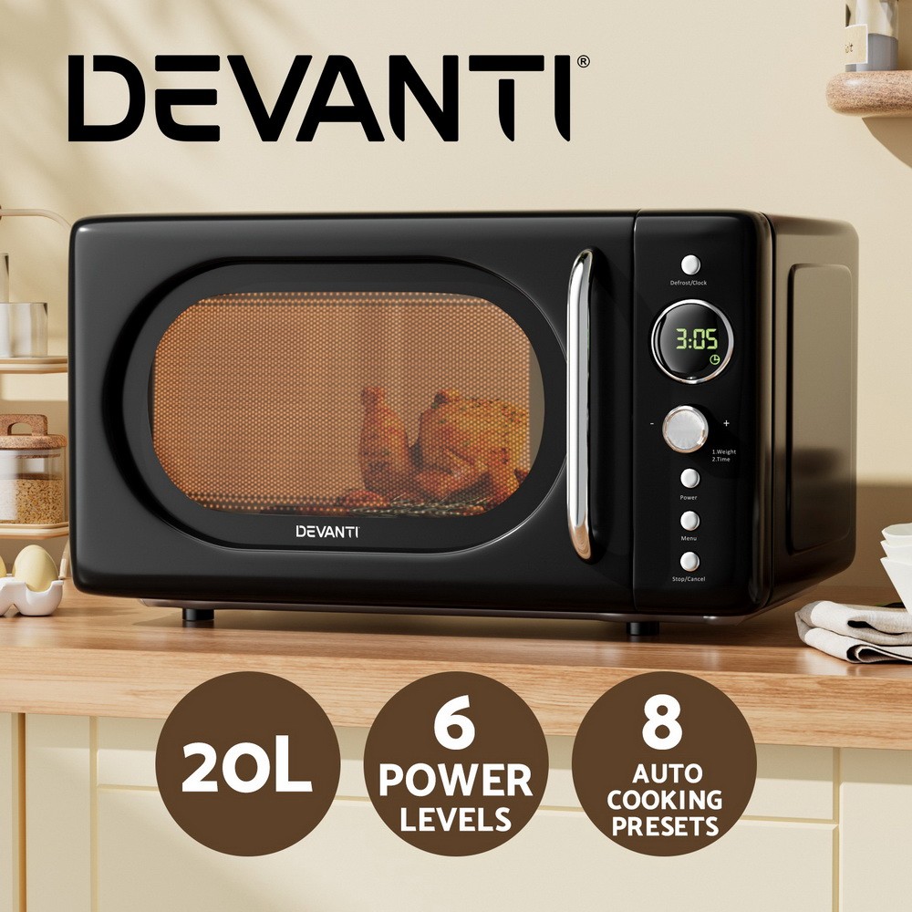 Devanti 20L Microwave Oven Countertop 700W Black Display Timer Glass Turntable