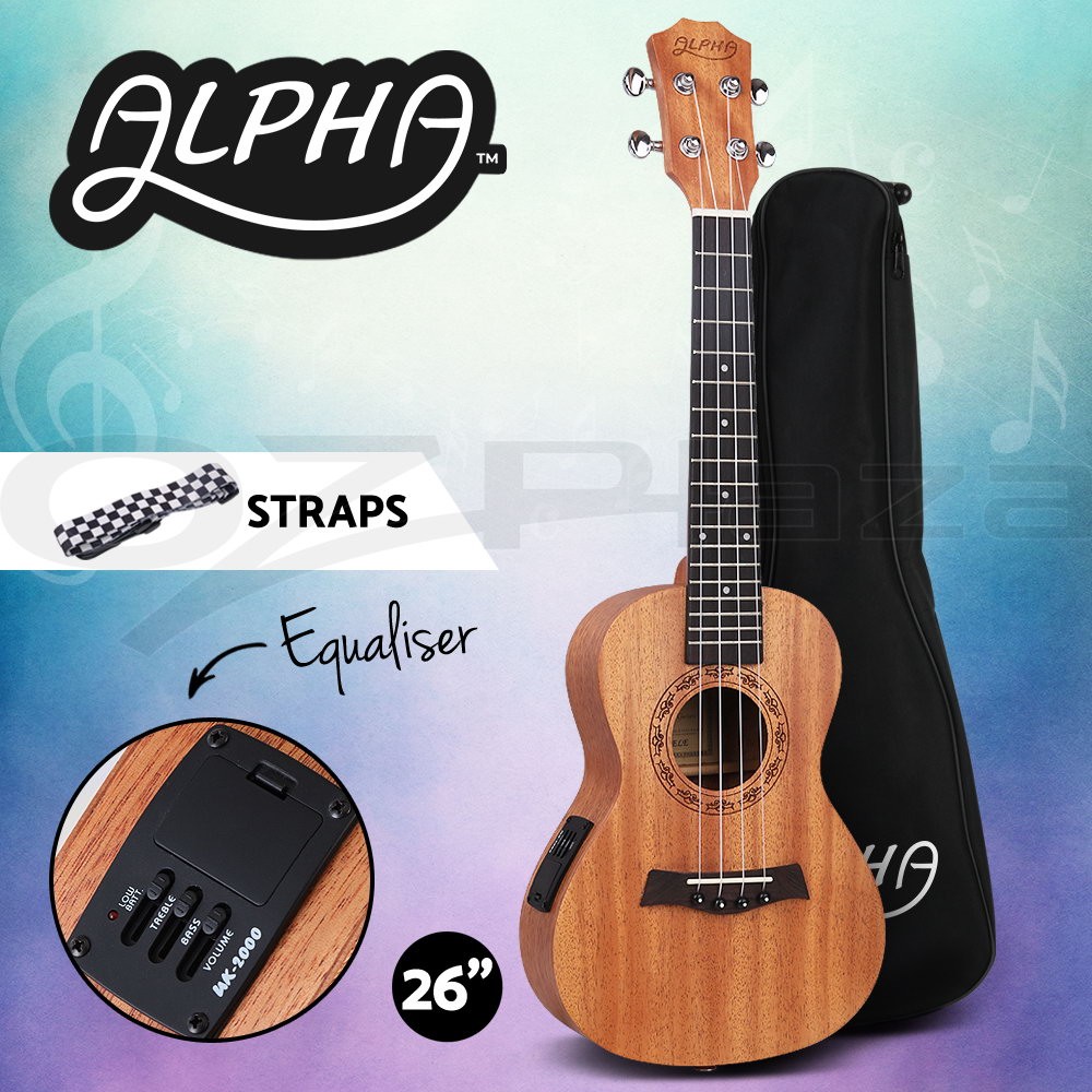 Alpha Concert Ukulele 23-inch Mahogany Acoustic EQ Carry Bag 18 Frets Natural