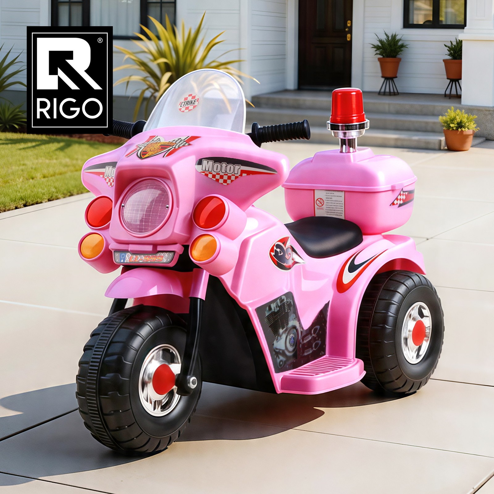 Rigo Electric Police Motorbike Ride 6V Battery Pink Flashing Siren Storage Box