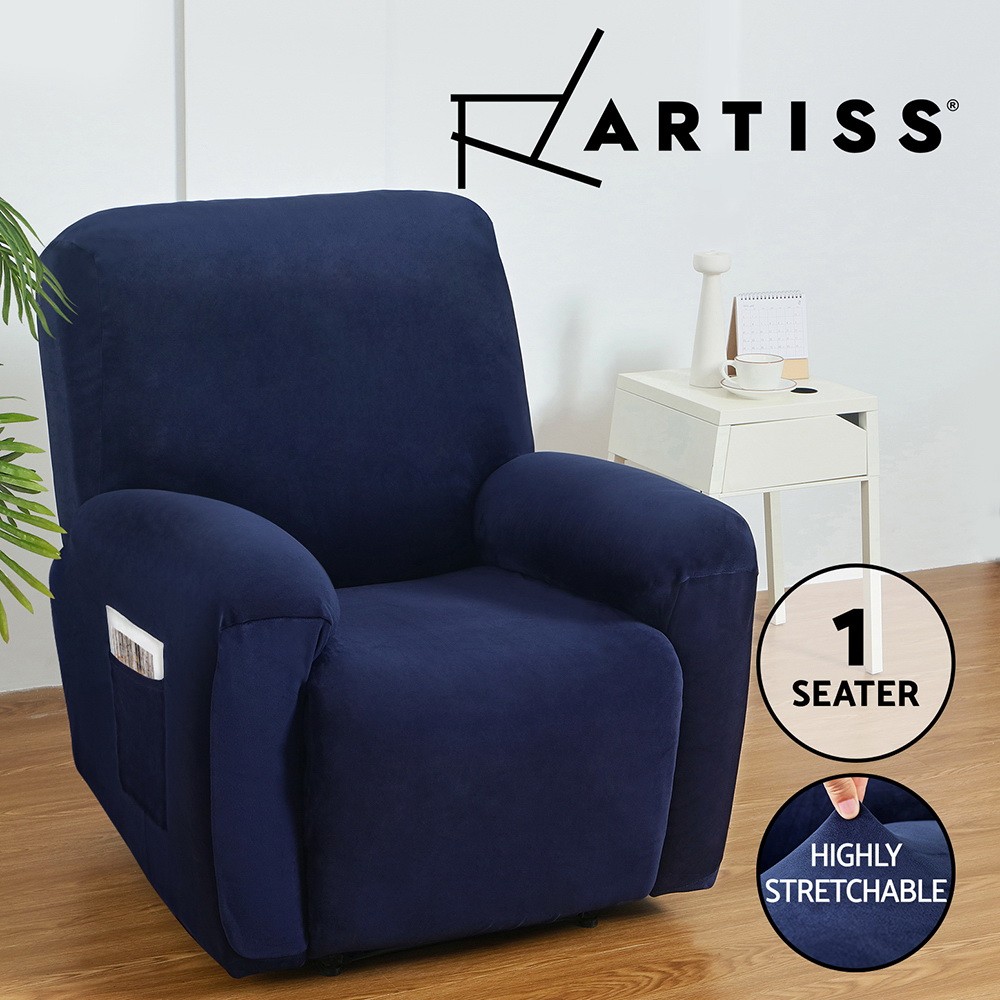 Artiss Recliner Chair Covers Velvet High Stretch 1 Seater Navy Blue Anti-slip