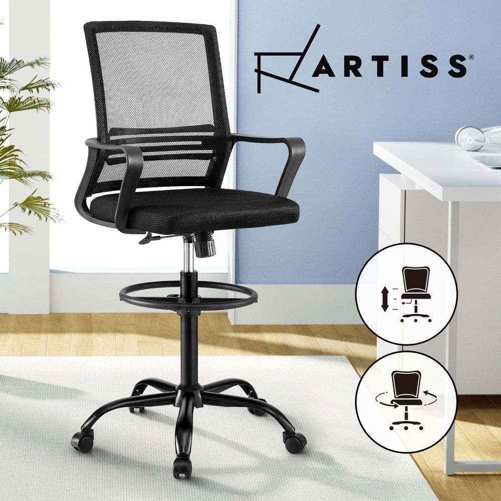 Artiss Ergonomic Drafting Chair Mesh Adjustable Foot Ring Black Chrome Base