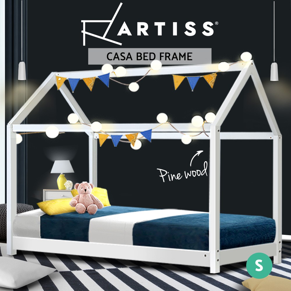 Artiss Wooden Bed Frame Single AMOS-Single House Pine Wood With Slats White