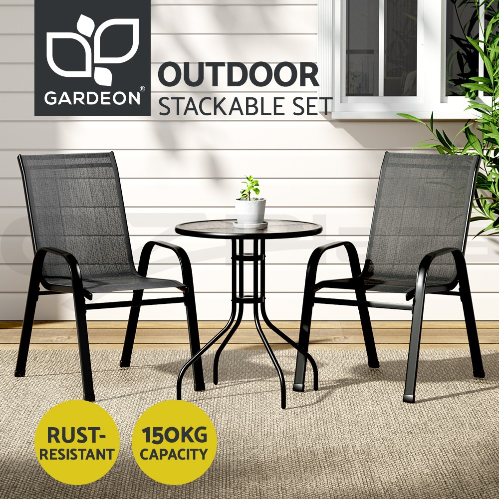 Gardeon Bistro Set 3PC Outdoor Table Chairs Stackable Black Steel Tempered Glass