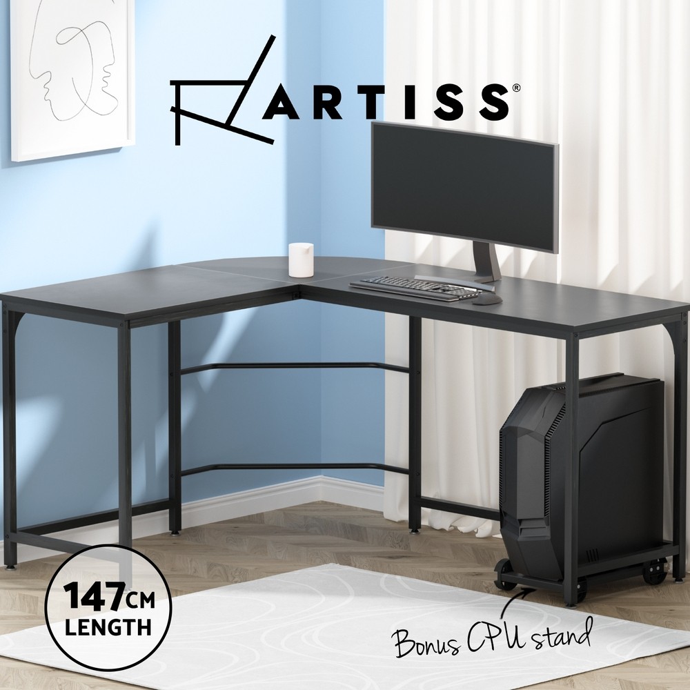 Artiss L-Shaped Computer Desk Corner Office Black 147CM CPU Stand Flat Pack