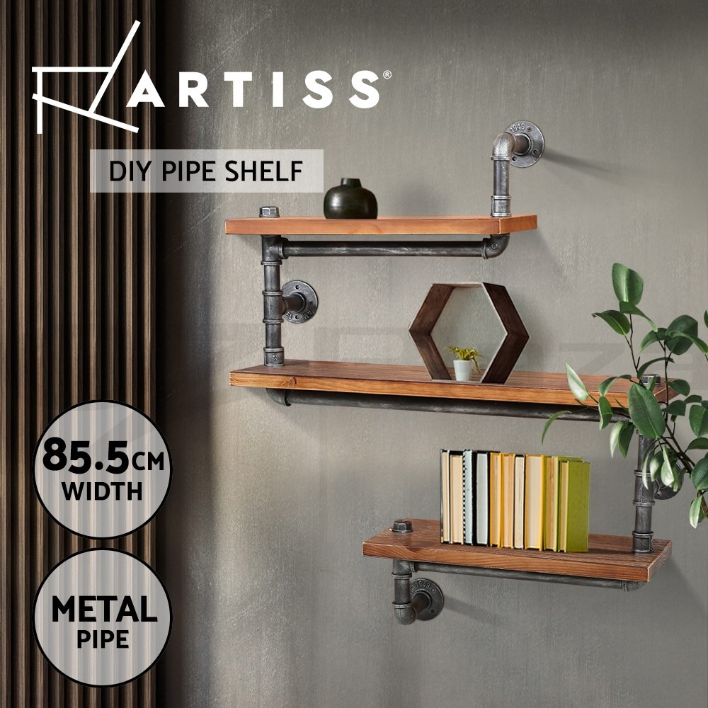 Artiss 3-Tier Wall Shelf PIPE-84-3LVL-SNAKE Industrial Metal Pipe Pine Brown