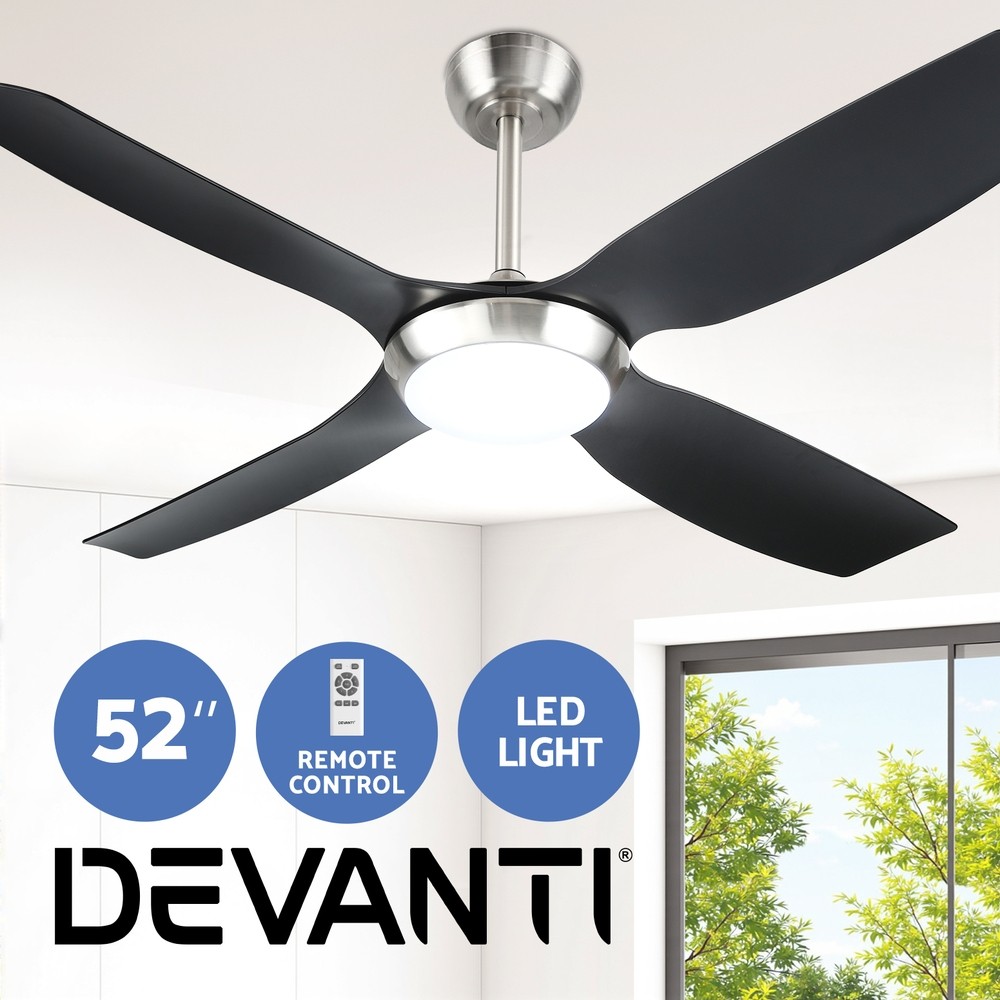 Devanti 52-Inch Ceiling Fan 4 Blades DC Motor LED Light Remote 5 Speed Black