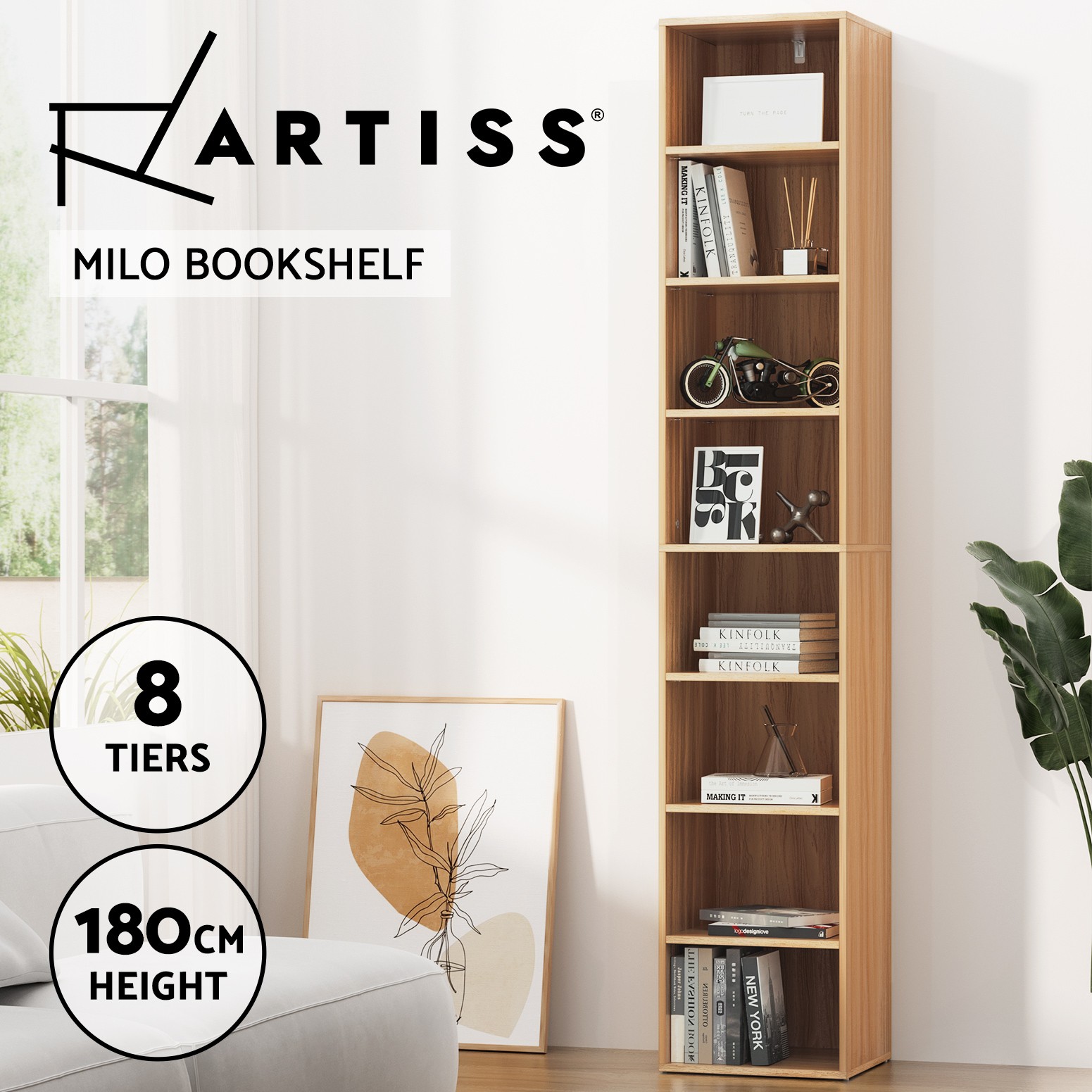 Artiss MILO Bookshelf Bookcase 8-tier Display Storage Shelves Pine 180 cm Modern