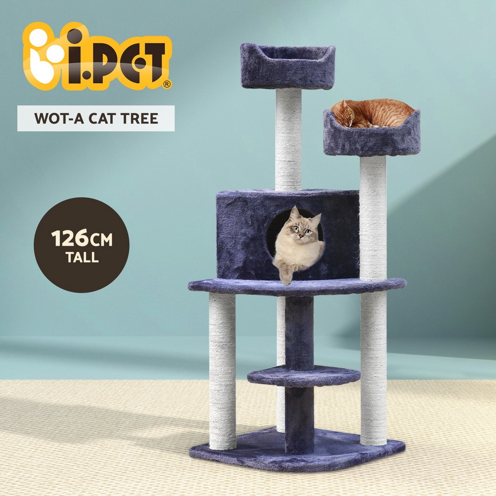i.Pet Cat Tree Tower 126cm Scratching Condo Grey Sisal Velvet Climbing Resting