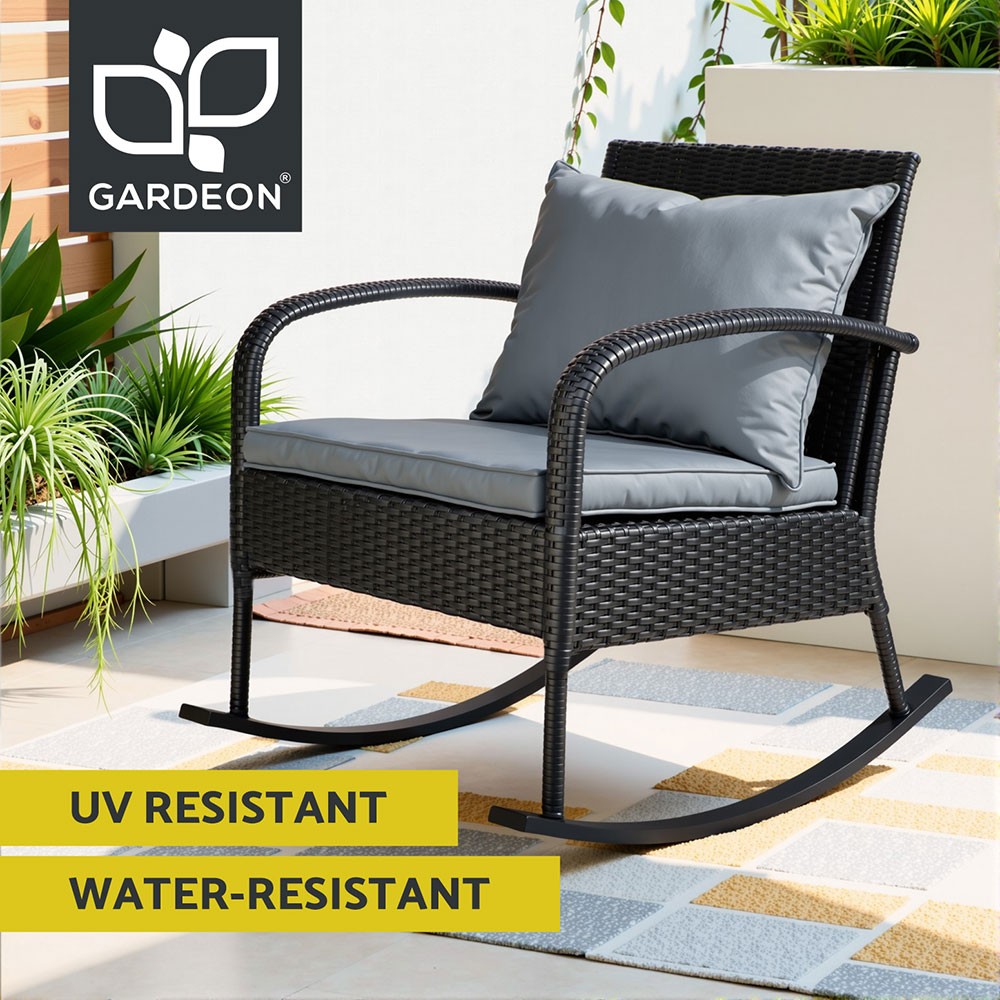 Gardeon Outdoor Rocking Chair Padded Seat Black PE Rattan UV-Resistant 160kg