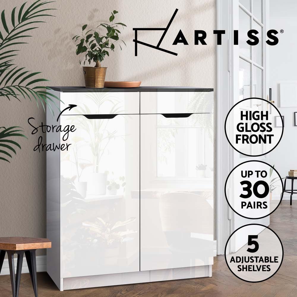 Artiss Shoe Storage Cabinet 30 Pairs Gloss White Adjustable Shelves 80cm 100cm
