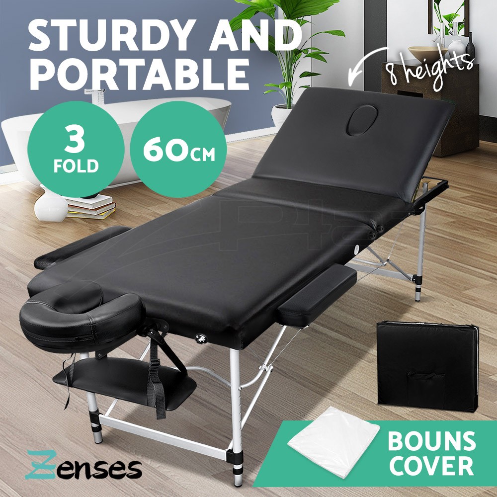 Zenses Massage Table 60cm Portable 3 Fold Aluminium Black Carry Bag Headrest
