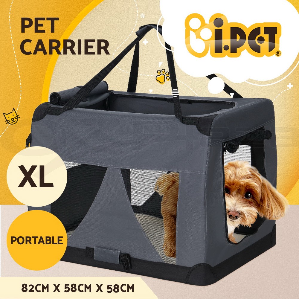 i.Pet Soft-Sided Dog Cat Carrier Foldable Portable Crate 82cm Grey Oxford Mesh
