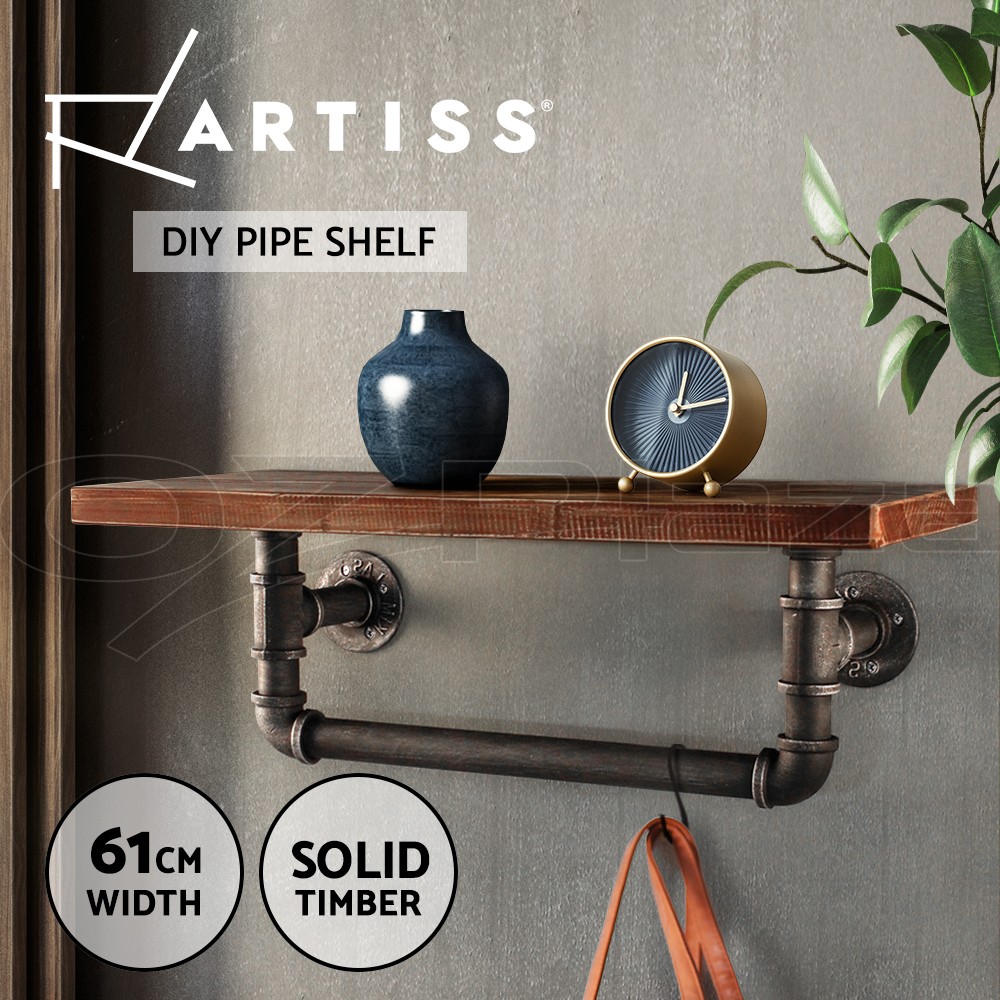 Artiss Industrial Pipe Wall Shelf Rustic Pine wood metal pipe DIY 85.5cm 10kg