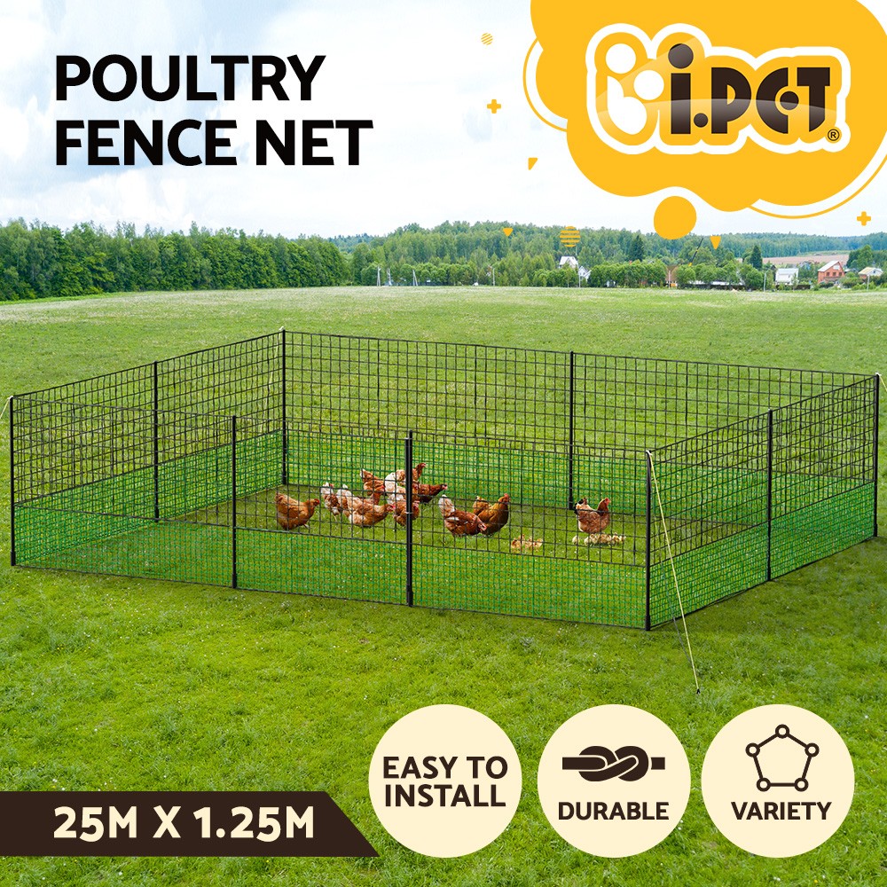 i.Pet Electric Poultry Chicken Fence Netting 25M x125CM Black Hens Ducks Farm