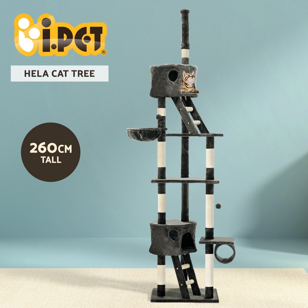i.Pet Cat Tree 260cm Tall Multi-level Sisal Plush Velvet Scratcher Grey Condo