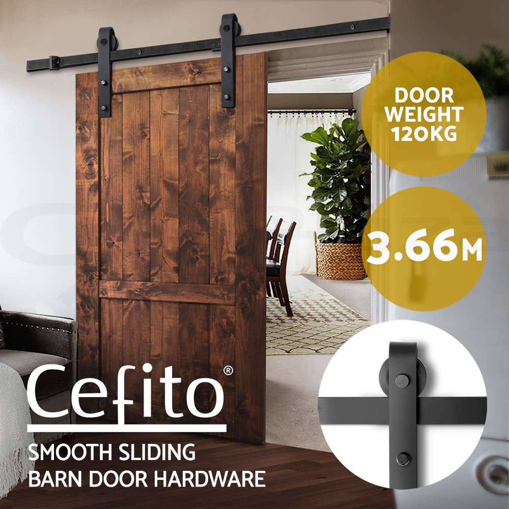 Cefito Sliding Barn Door Hardware Track Roller Set 3.66m Black Heavy Duty 120kg