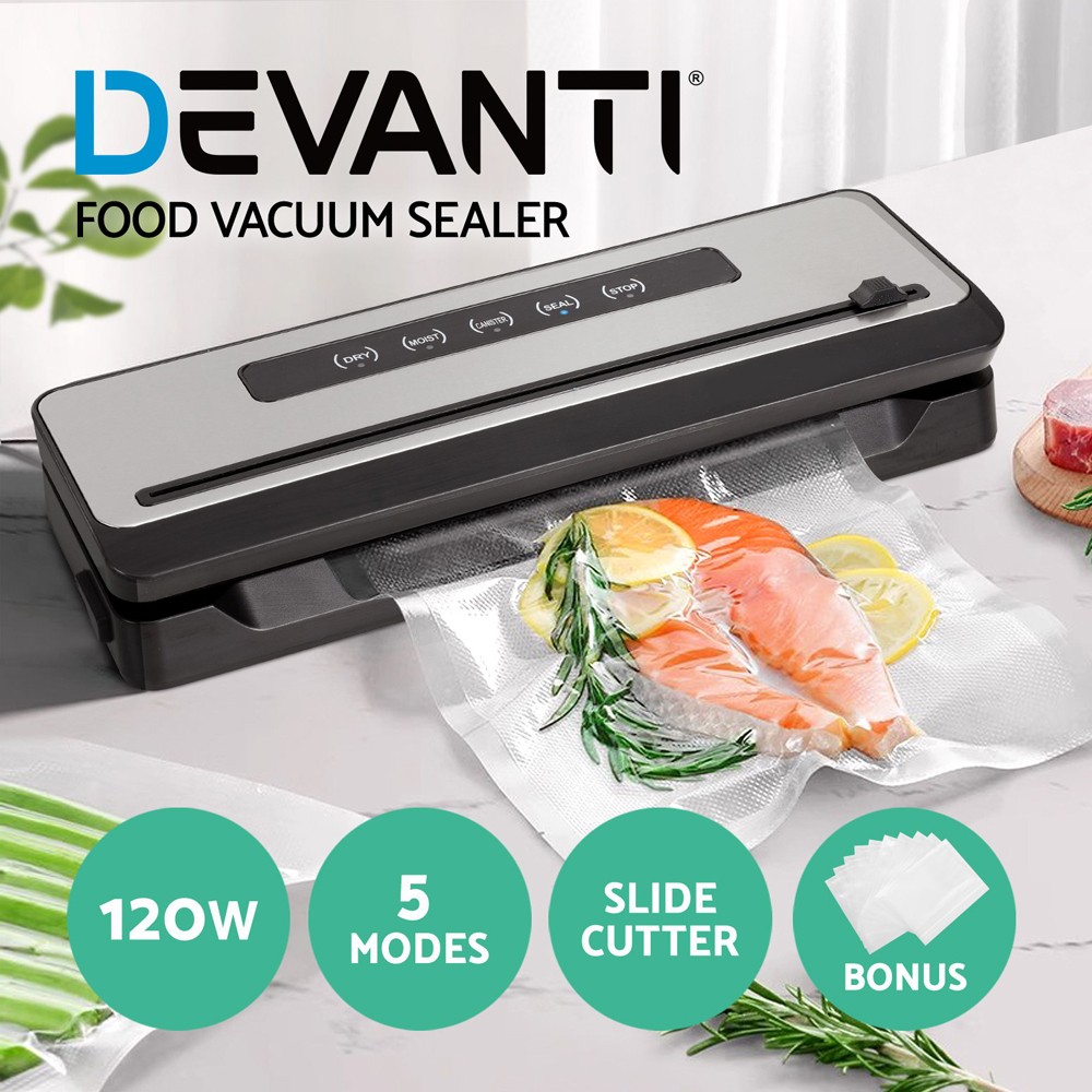 Devanti Food Vacuum Sealer Machine 110W 60kpa Smart Touch Cutter 10pcs Bags