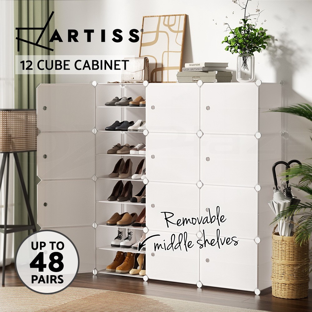 Artiss 12 Cube Shoe Cabinet PP Plastic White Storage Organiser 124x30x126cm