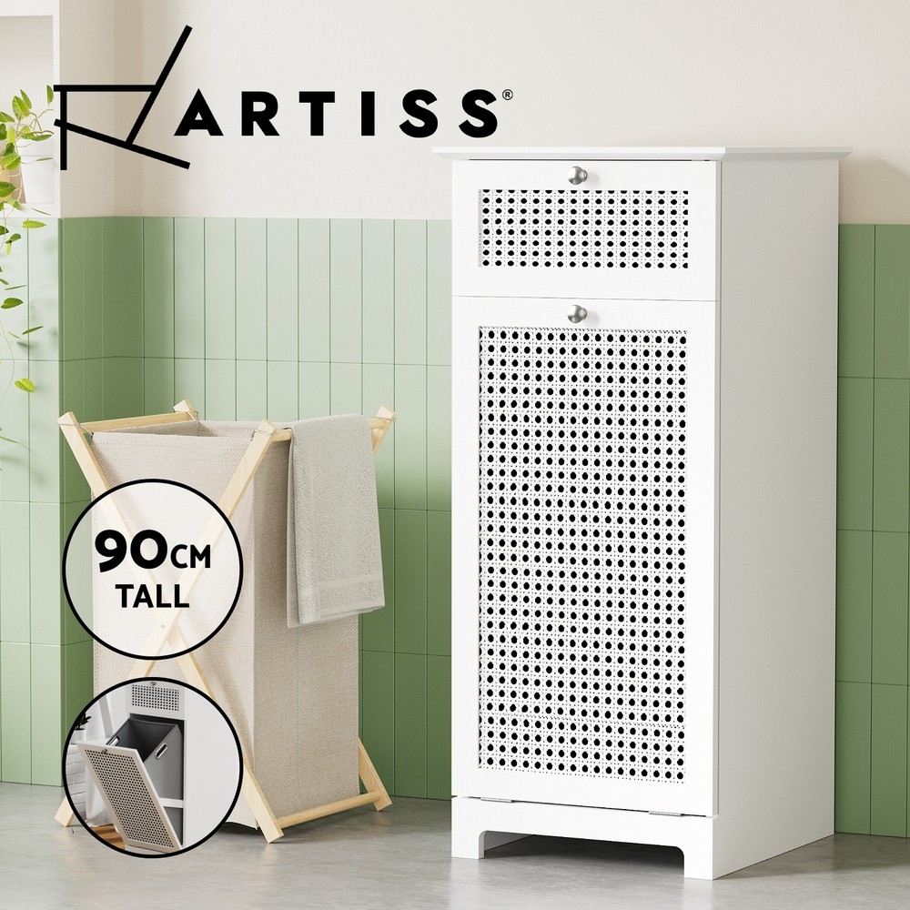 Artiss Laundry Hamper Cabinet Bathroom Storage White Rattan 90cm Tilt-out Basket