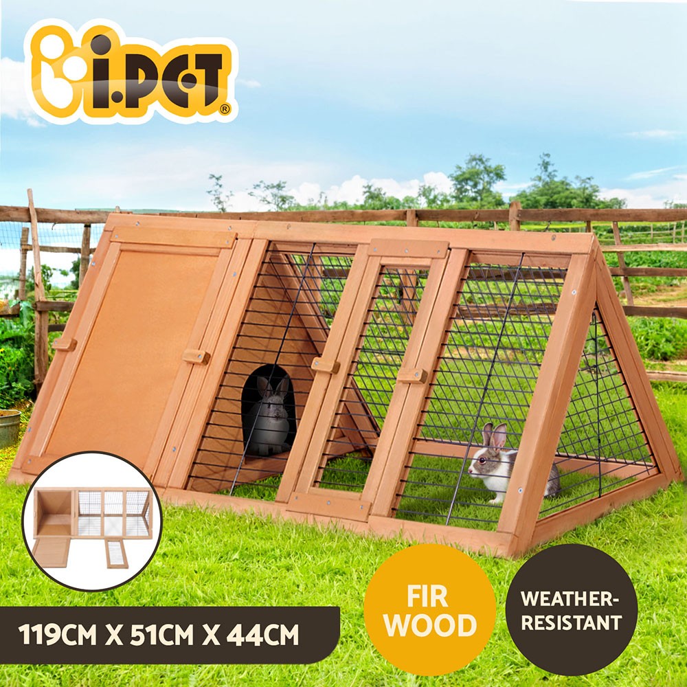 i.Pet Rabbit Hutch Outdoor Wooden Enclosure Brown Foldable Washable 119 51 44cm