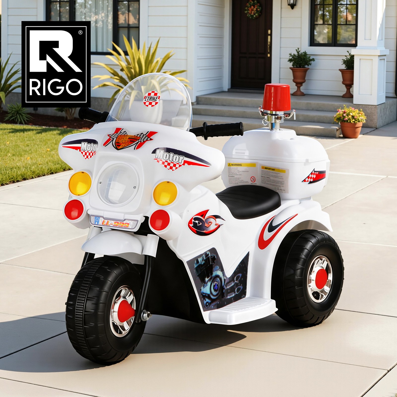 Rigo Kids Electric Ride On Police Motorcycle 6V Battery White Flashing Siren