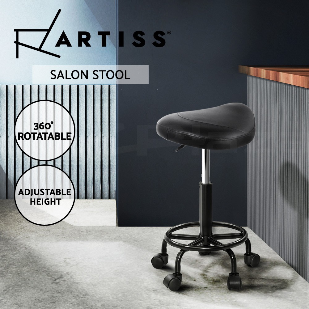Artiss Salon Saddle Stool Black Leather Adjustable 360rotatable Gas Lift 150kg