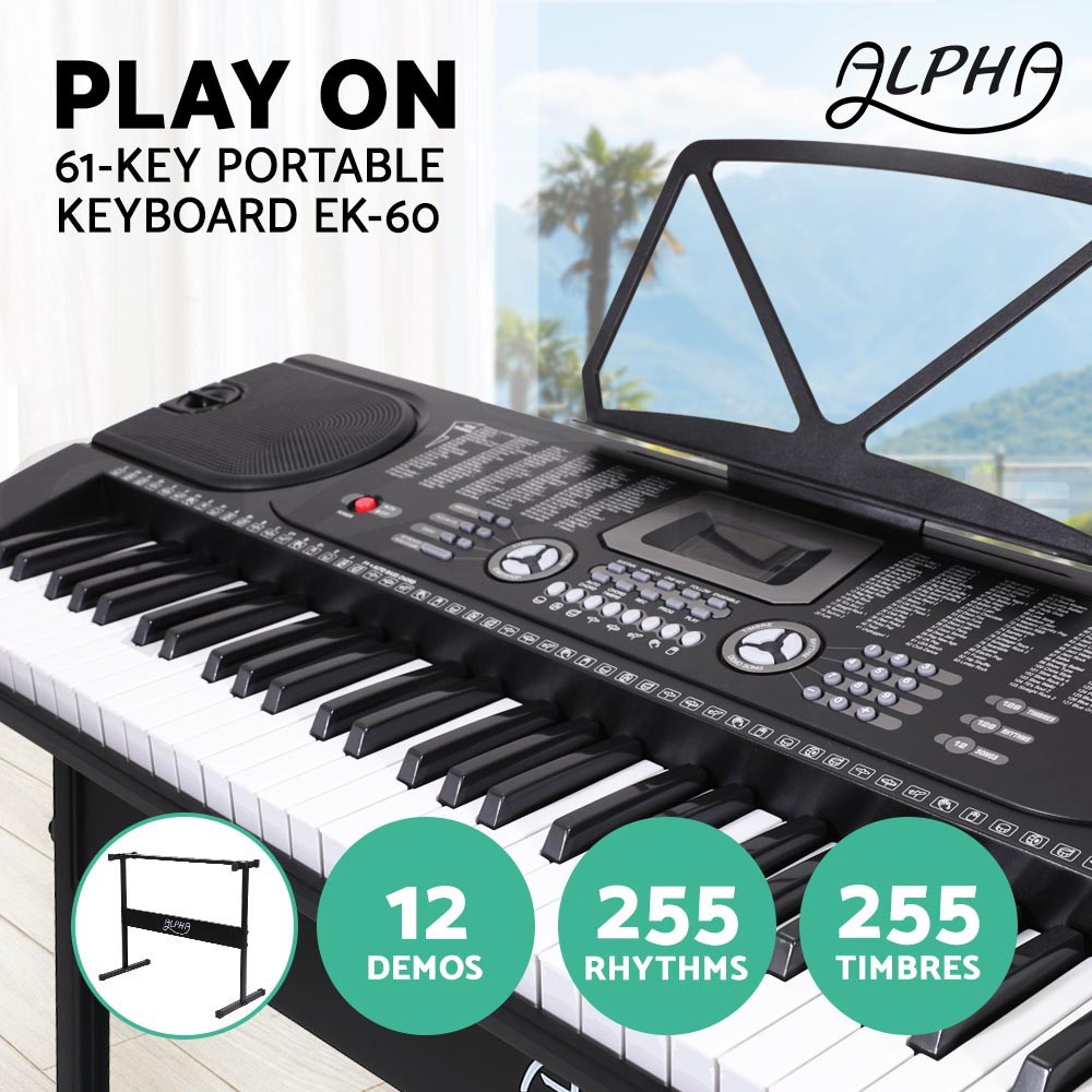 Alpha EK-60 61-Key Portable Electronic Keyboard Black Built-In Effects Stand