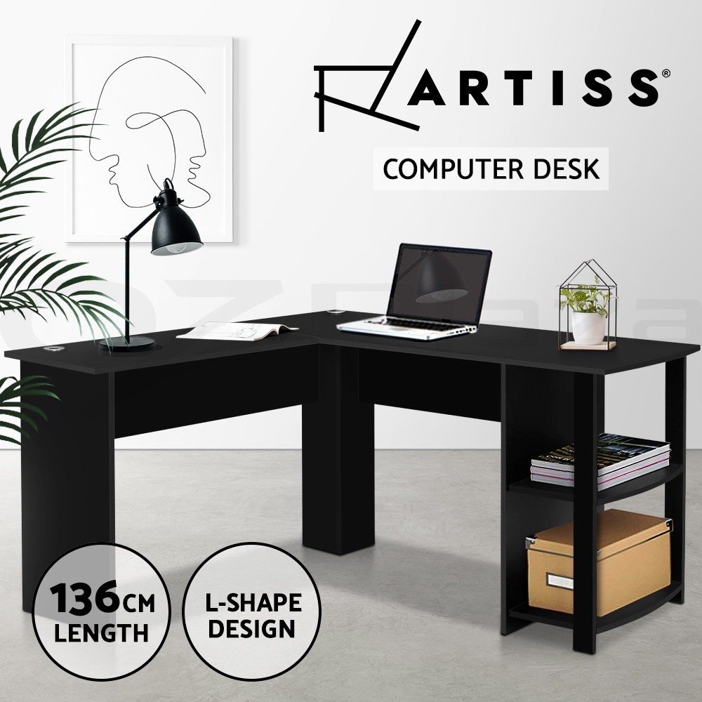 Artiss Ronald L-Shaped Computer Desk 2-in-1 Open Shelves Black/White 136cm 130cm