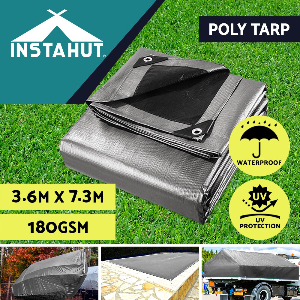 Instahut Poly Tarp 3.6m 7.3m Waterproof Heavy-duty Silver PE Cover UV-resistant