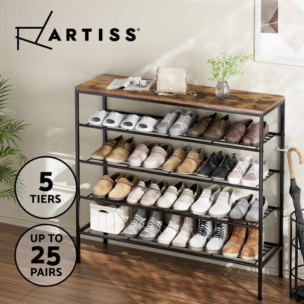 Artiss Bob Shoe Rack 5-tier Storage 25 Pairs Walnut Black Metal Frame Open Shelf