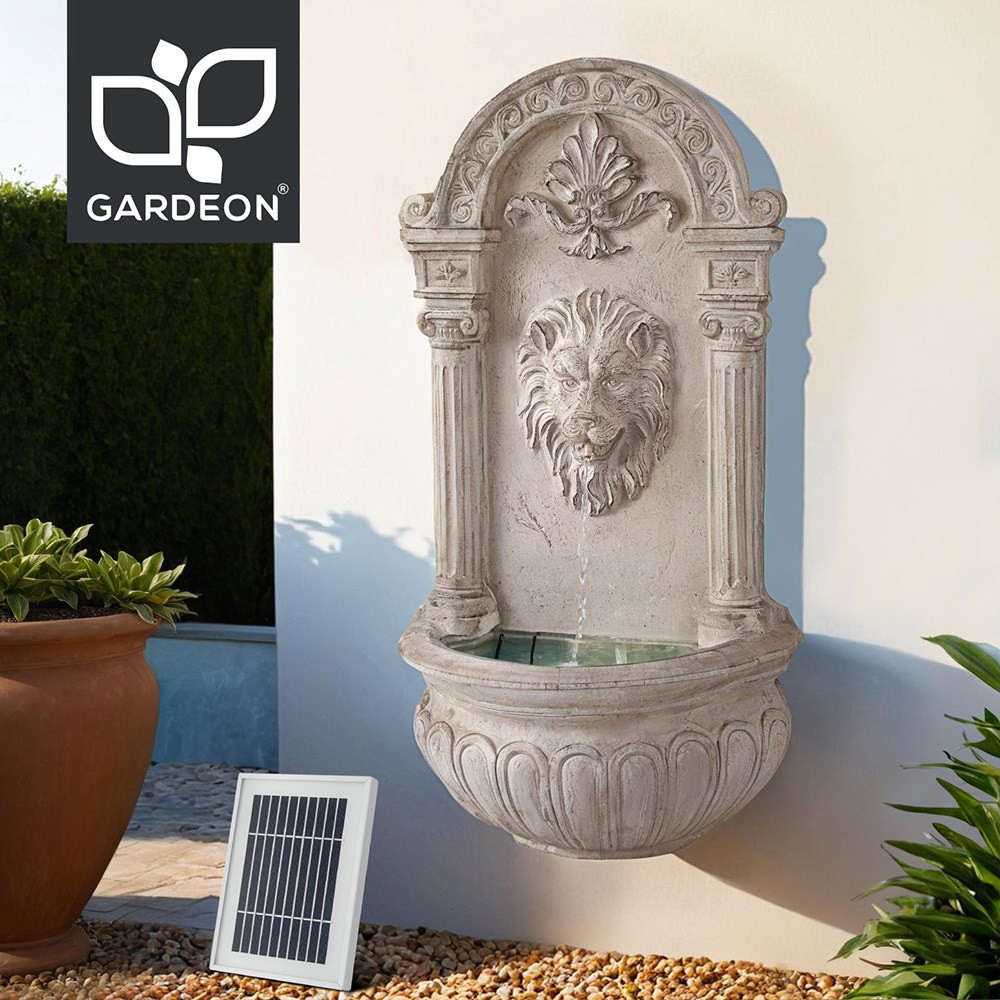Gardeon Lion Cascading Solar Water Fountain Wall Mount 77CM Beige White LED Pump