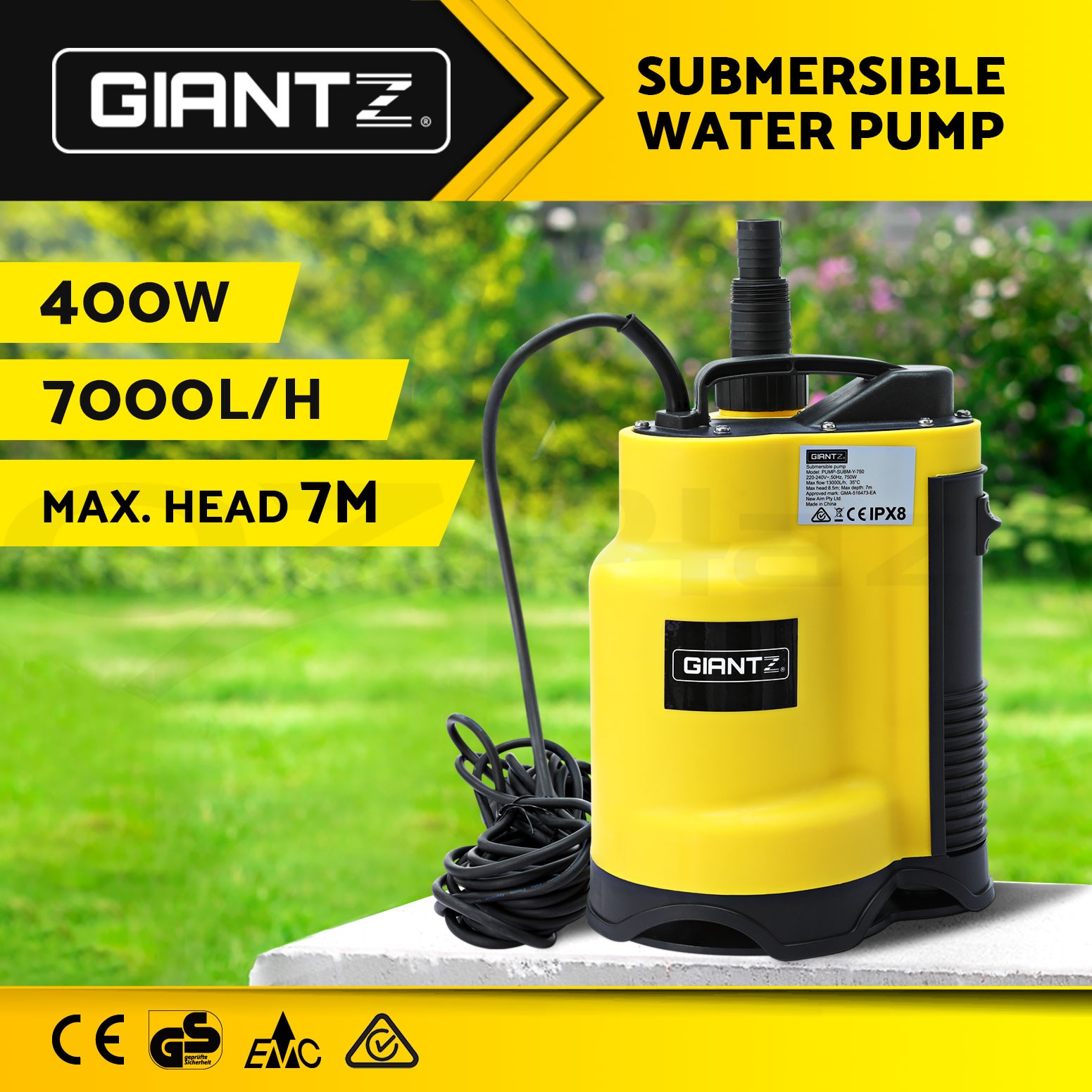 Giantz Garden Submersible Water Pump 400W Dirty Water 7000l/h 10m Cable IPX8