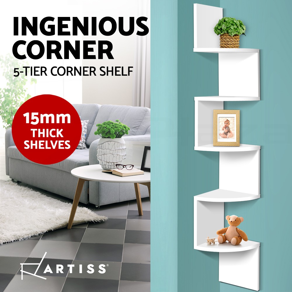 Artiss Corner Floating Wall Shelf 5 Tier White 123cm Particle Board Wall Mounted